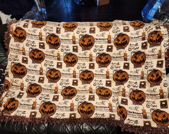 Vintage Pumpkin Print 2 sided Fleece Couch Throw Blanket with Velvet Crochet Edging 45"x60"
