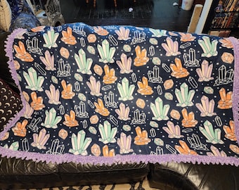 Crystals on Navy 2 Sided Fleece Blanket with Crochet Velvet Edging 60"x90"