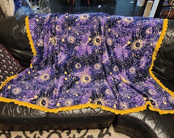 Mystical Skies Purple and Gold 2 Sided Fleece Blanket with Velvet Edging 54"x60"