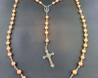 Opaque Peach Glass Bead & Silvertone Rosary
