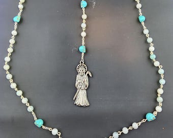Amazonite & Silver Tone Santa Muerte Rosary with Howlite Skulls