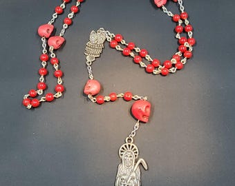 Red Dyed Coral & Red Dyed Howlite Silver Santa Muerte Rosary
