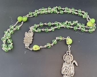 Green Faceted Glass & Green Dyed Howlite Silver Santa Muerte Rosary