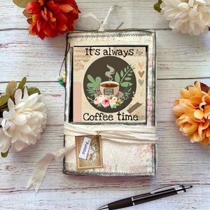 Coffee lovers writing journal, naked junk journal with pockets & handmade ephemera. Eco friendly