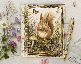 Handmade Woodland Squirrel Cottagecore Journal, Patchwork Momigami cover, Hand-Stitched Details