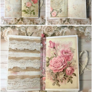 May include: A handmade journal with floral and lace details. The journal has pages with vintage rose illustrations and lined paper. The cover features a large pink rose bouquet. It is tied with a cream ribbon.