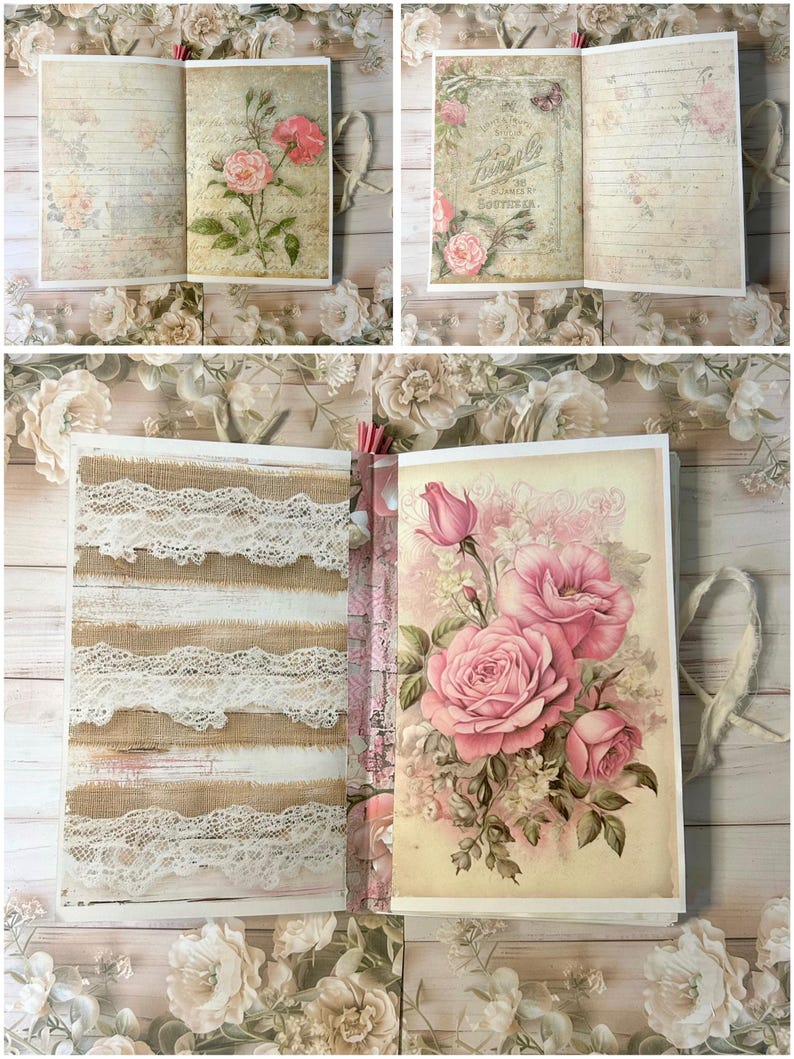May include: A handmade journal with floral and lace details. The journal has pages with vintage rose illustrations and lined paper. The cover features a large pink rose bouquet. It is tied with a cream ribbon.