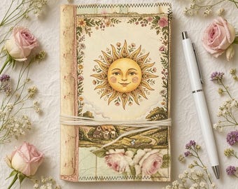 Handmade Sunshine Journal, Cottagecore Junk Journal, Coffee-Dyed Paper, Two signatures