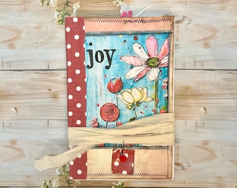 Handmade Inspirational red floral Journal, Recycled Paper, Fabric Tie