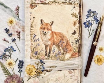 Handmade Woodland Fox Journal, Cottagecore Momigami Cover, Coffee-Dyed Paper