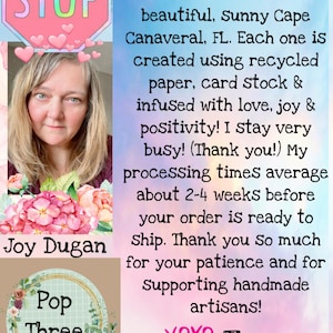 May include: Image shows a woman, Joy Dugan, with text including "STOP" and "Pop Three." The text describes handmade journals made with recycled paper and card stock in Sunny Cape Canaveral, FL.