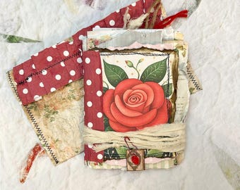 Mini Junk Journal, Mixed Media Rose Album, Distressed Pages, Handmade Keepsake