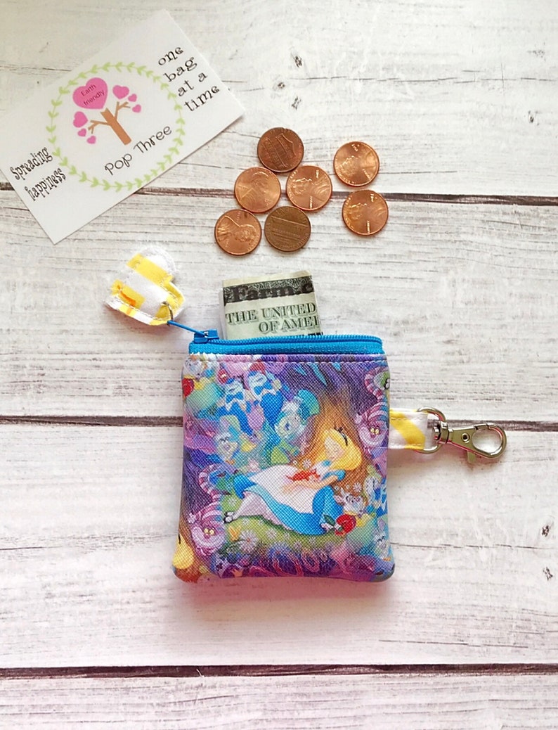 Alice in Wonderland zipper pouch coin purse eco friendly vegan leather