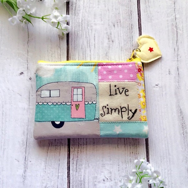 Happy camper eco friendly patchwork zipper pouch, zippered wallet, coin pouch, inspirational pouch, live simply