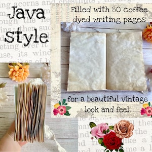 May include: A vintage journal with coffee-dyed pages. The open journal shows aged pages, with the text "Java style" visible. It contains 80 pages for a beautiful vintage look and feel. The journal is decorated with flowers.