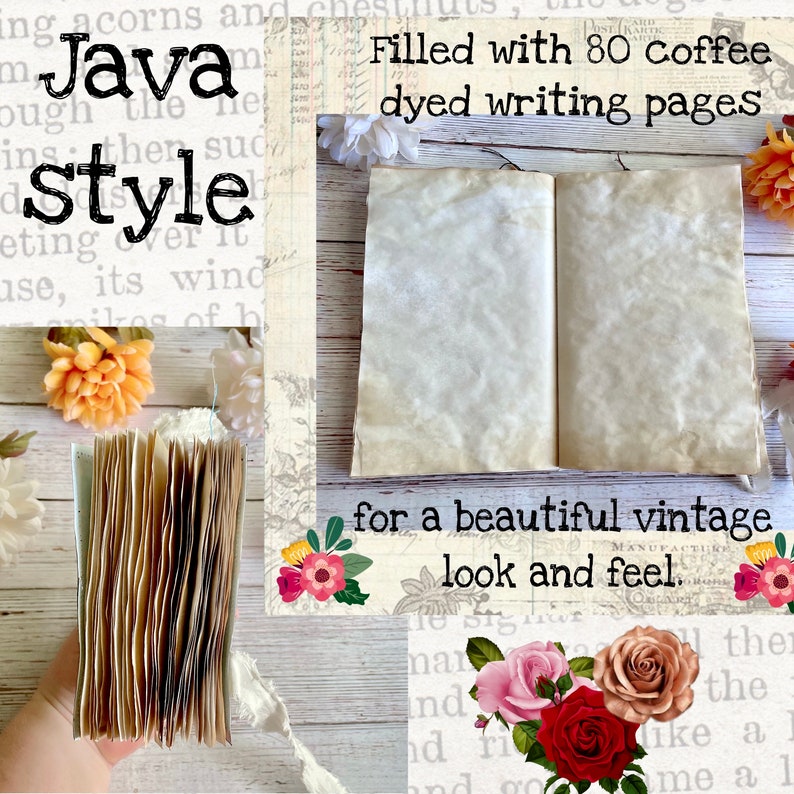 May include: A vintage journal with coffee-dyed pages. The open journal shows aged pages, with the text "Java style" visible. It contains 80 pages for a beautiful vintage look and feel. The journal is decorated with flowers.