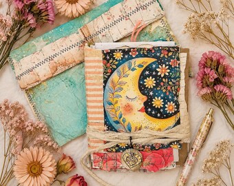 Mini Mixed Media Moon, Celestial Junk Journal, Distressed Pages, Handmade Art Album