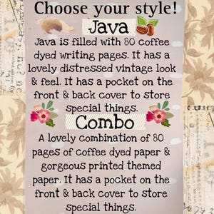 May include: Image with text promoting "Java" and "Combo" products. "Java" features 80 coffee-dyed writing pages with a vintage look. "Combo" offers coffee-dyed and themed paper, both with front and back cover pockets.