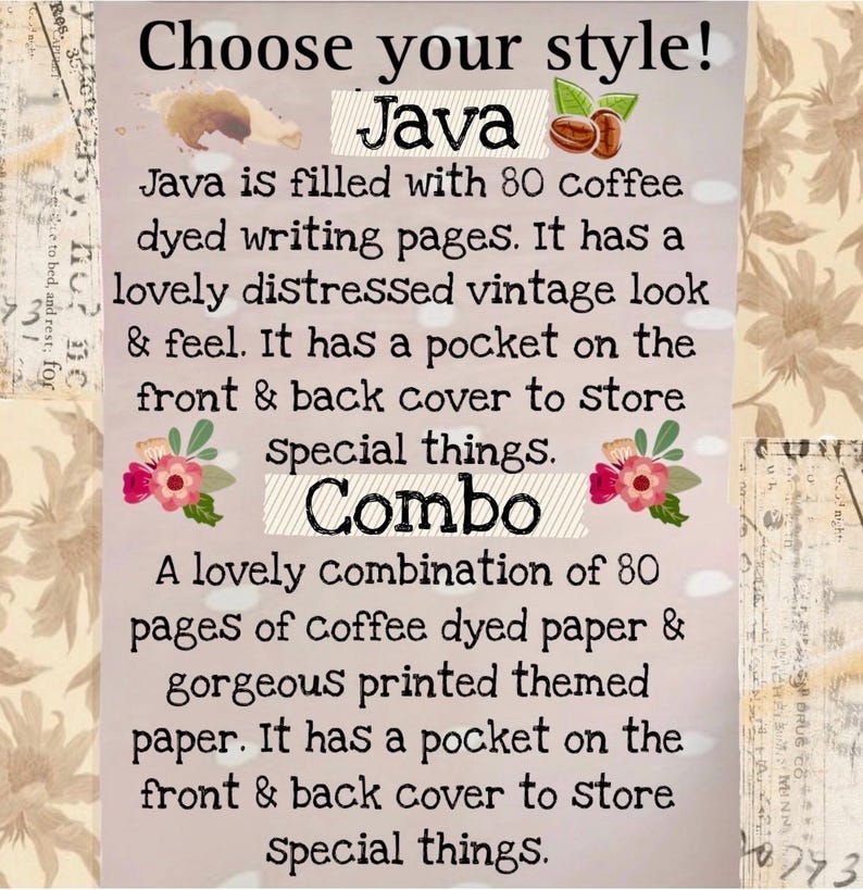 May include: Image with text promoting "Java" and "Combo" products. "Java" features 80 coffee-dyed writing pages with a vintage look. "Combo" offers coffee-dyed and themed paper, both with front and back cover pockets.