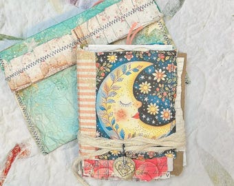 Mini Mixed Media Moon, Celestial Junk Journal, Distressed Pages, Handmade Art Album