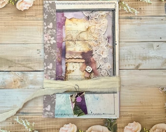 Handmade shabby chic lavender and lace Journal, Recycled Paper, Fabric Tie