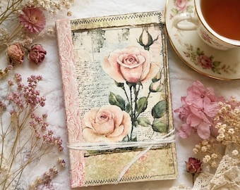 Handmade shabby chic roses & lace Journal, Recycled Paper, Two Signatures,  Momigami cover