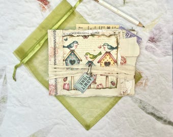 Sweet birds with little houses Junk Journal, Staggered Mini Scrapbook, Eco-Friendly Paper Fragments
