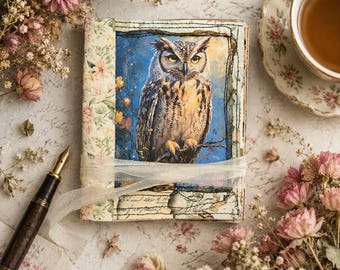 Handmade Owl Cottagecore Journal | Patchwork Momigami cover, Hand-Stitched Details