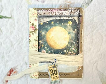 Shabby collaged moon journal, junk journal, hand torn paper, eco friendly