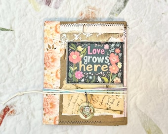 Shabby collaged inspirational junk journal, mixed papers, one signature eco friendly