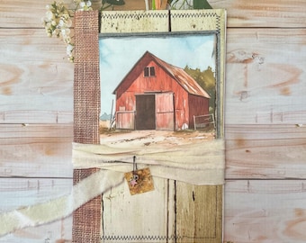 Handmade rustic farm life journal, Recycled Paper, Fabric Tie