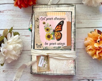Butterfly writing journal, naked junk journal with coffee dyed paper & handmade ephemera. Earth friendly
