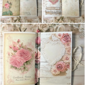 May include: A vintage journal with floral and lace details. The pages display roses, heart-shaped lace, and lined paper. The journal has a cream-coloured cover with the text "Lornarlie Butter" and a ribbon tie.