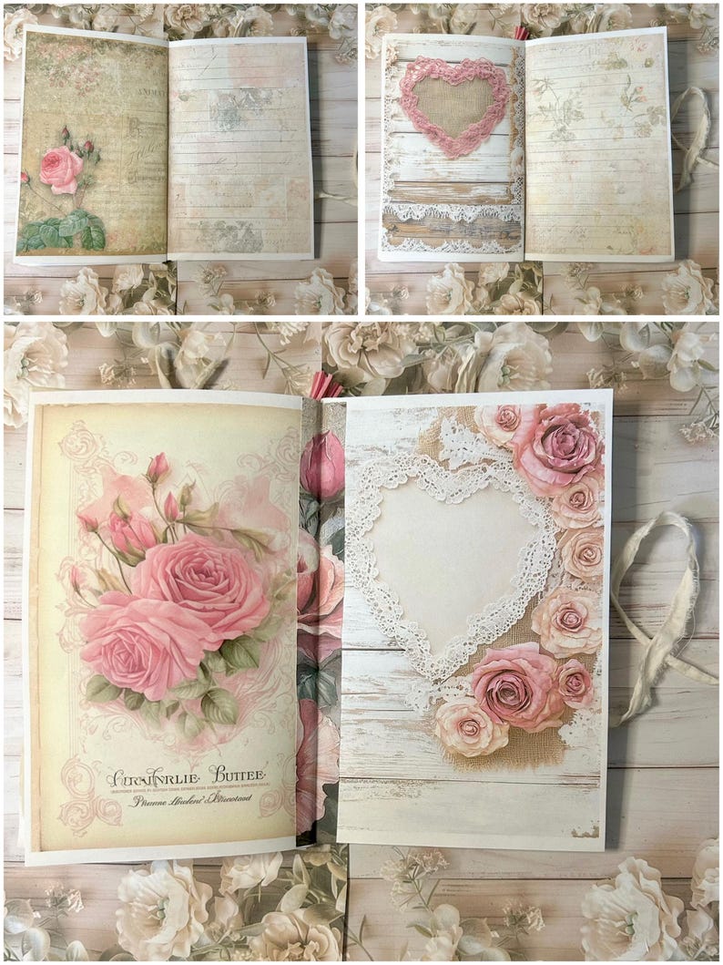 May include: A vintage journal with floral and lace details. The pages display roses, heart-shaped lace, and lined paper. The journal has a cream-coloured cover with the text "Lornarlie Butter" and a ribbon tie.