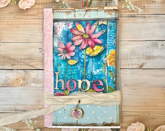 Handmade Inspirational floral Journal, Recycled Paper, Fabric Tie