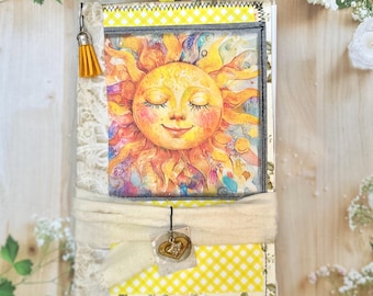 Happy sunshine handmade journal with coffee dyed paper. Choose your size.