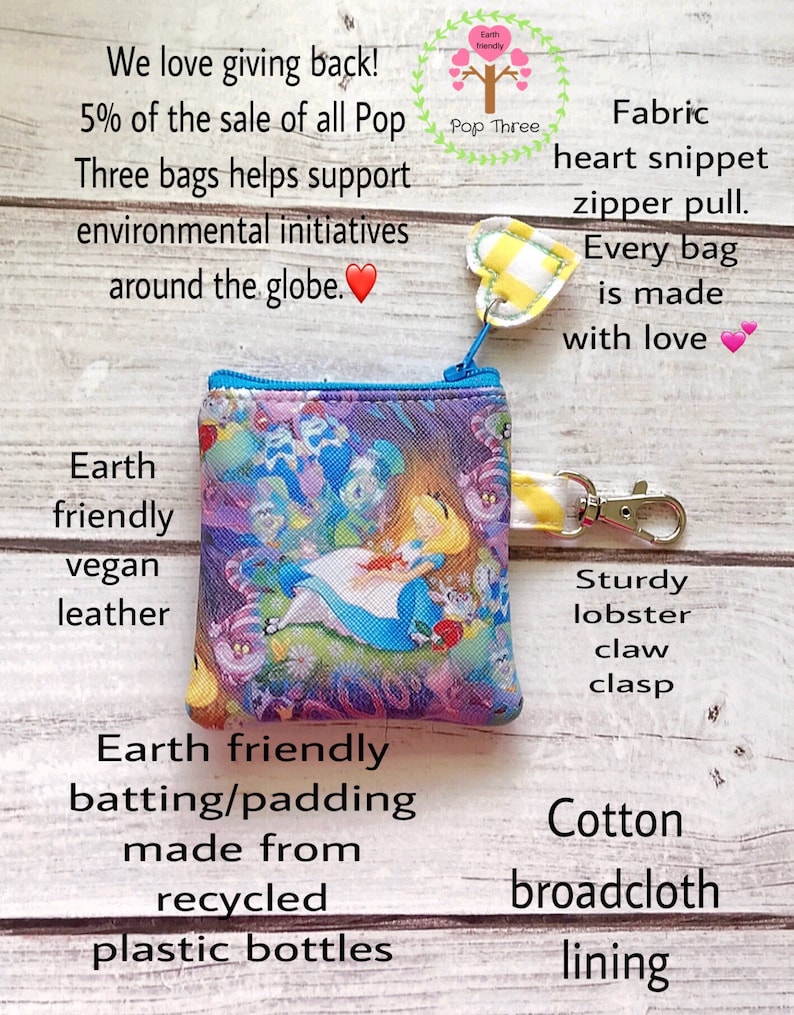 Alice in Wonderland zipper pouch coin purse eco friendly vegan leather