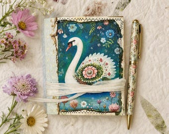 Handmade Moonlight Swan Cottagecore Journal | Patchwork Momigami cover, Hand-Stitched Details