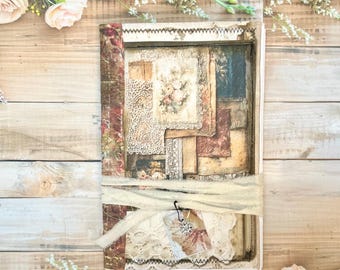 Handmade shabby collage and lace Journal, Recycled Paper, Fabric Tie