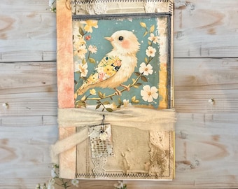 Handmade patchwork collage Journal, Recycled Paper, Fabric Tie