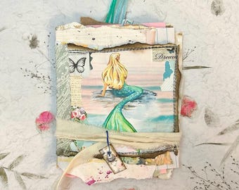 Mermaid Junk Journal, Staggered Mixed Media Album, Eco-Friendly Paper Fragments