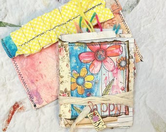 Mini Mixed Media Floral Junk Journal, Distressed Pages, Handmade Art Album