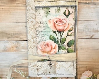 Handmade shabby chic roses & lace Journal, Recycled Paper, Fabric Tie