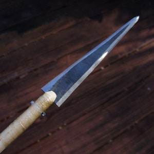 May include: A close-up of a sharp, silver arrowhead attached to a wooden shaft. The arrowhead is pointed and has a smooth, polished finish.