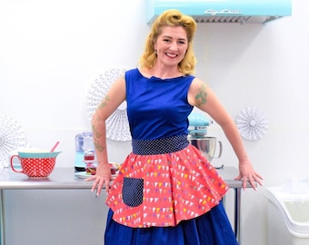 Bunting Banner Pinup Kitchen Half Apron , Vintage Sexy Apron , Summer Picnic Housewarming Gift