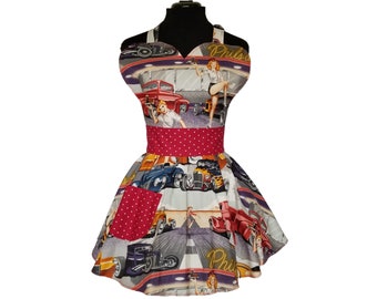 Retro Diner Aprons for Women- Pin Up Girl Apron - Vintage Hotrod Drive In Apron