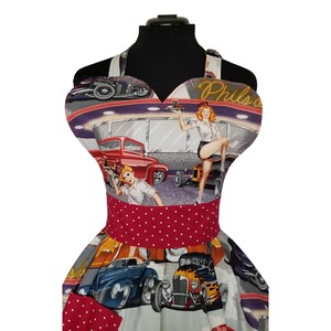 Retro Diner Aprons for Women Pin Up Girl Apron Vintage Hotrod Drive In Apron image 4