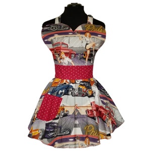 Retro Diner Aprons for Women Pin Up Girl Apron Vintage Hotrod Drive In Apron image 2
