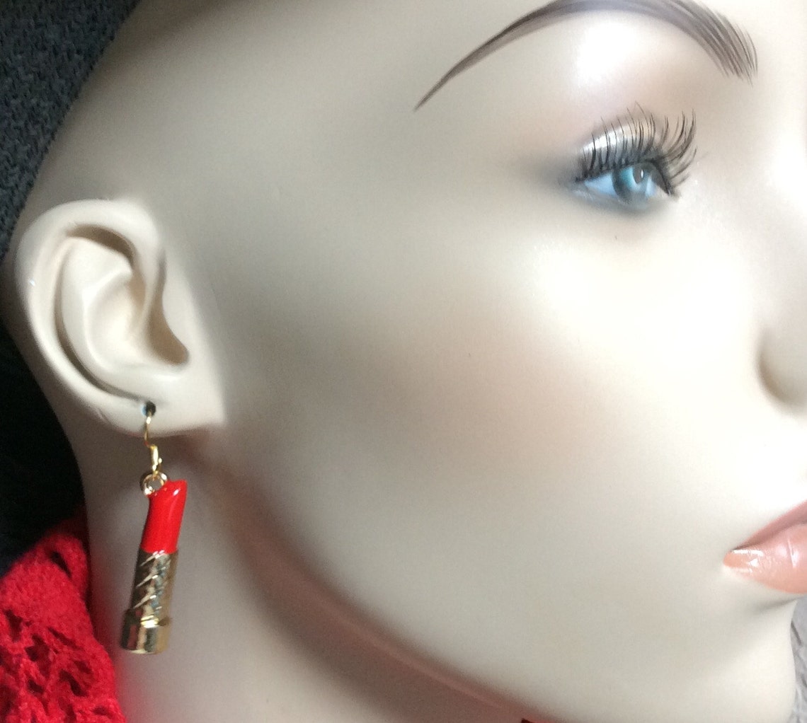 Red lipstick earrings. Lipstick charms. Makeup artist Etsy