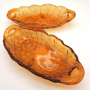 Pair of Vintage Amber Glass Oval Pickle Dishes w/ Sculpted Floral Pattern, 9.5&quot;